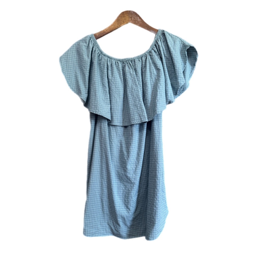 Audrey‎ 3+1 Dress Womens S Blue Plaid Off Shoulder Ruffle Cotton Mini Excellent